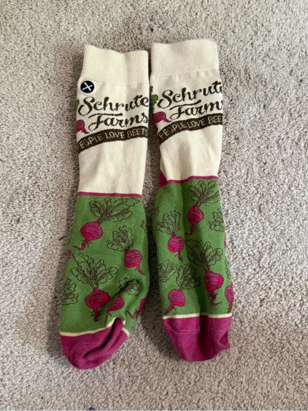 Women’s the office Beet Pattern Crew Socks - Cream, Green & Pink